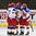 LUCERNE, SWITZERLAND - APRIL 17: Russia's Yegor Rykov #7, Danil Yurtaikin #13, Nikolai Chebykin #8 and German Rubtsov #15 celebrate after a first period goal against Germany during preliminary round action at the 2015 IIHF Ice Hockey U18 World Championship. (Photo by Matt Zambonin/HHOF-IIHF Images)

